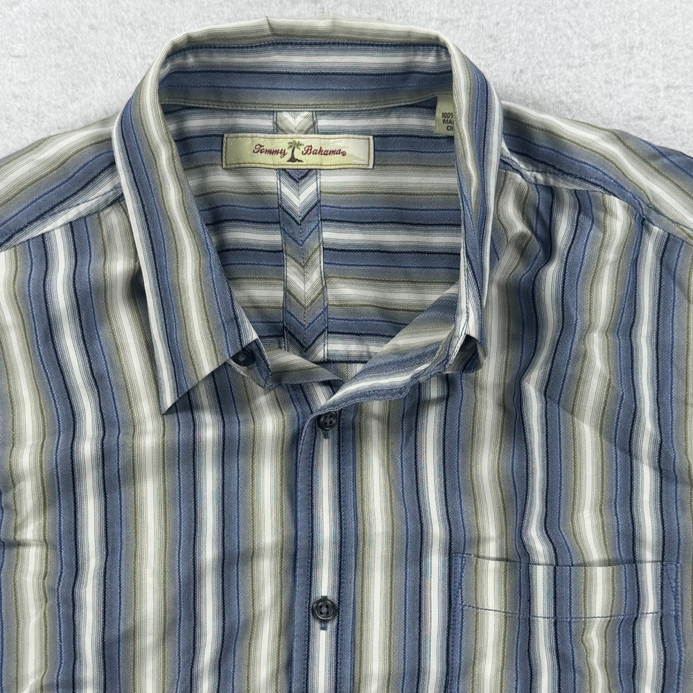 Tommy Bahama Mens Large Blue Striped 100% Silk Long Sleeve Button Down Shirt